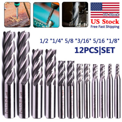 12x Carbide HSS CNC 4 Flute Spiral Bit End Mill Cutter1/8''3/16''1/4''5/16''3/8''1/2''