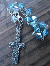 SMALL CHILDS BRACELET ROSARY FLORAL CROSS STERLING SWAROVSKI CRYSTALS BLUE CLEAR