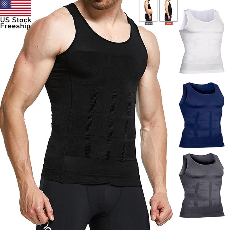 Mens Slimming Body Shaper Belly Chest Compression Vest Girdle TShirt