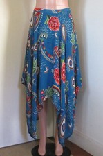 FARM RIO VISCOSE BLUE MULTI MIXED PRINT ASYMMETRICAL LINED MIDI SKIRT, SIZE M