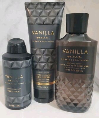 3 PCS SET BATH & BODY WORKS VANILLA NOIR MEN'S COLLECTION BODY SPRAY CREAM & GEL