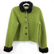 Nubby Green Pom Pom Jacket With Animal Print Fur Collar & Cuffs M