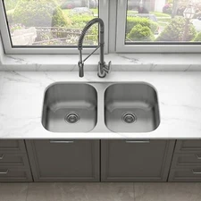 Sinber 32" Undermount Double Bowl 304 Stainless Steel Kitchen Sink MU3218DE