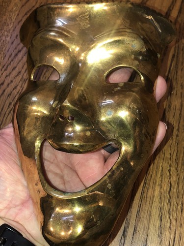 Vintage Brass Theatre Mask Comedy Tragedy Acting Wall Art 1970s Great Patina - Picture 10 of 18