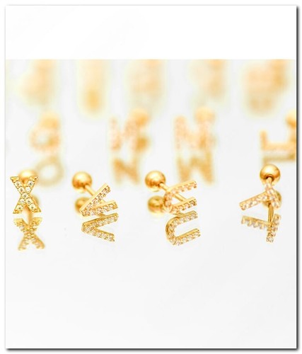10K Gold Diamond Letter Screw Back Stud Earring - Solid Gold Single Earring - Picture 4 of 13