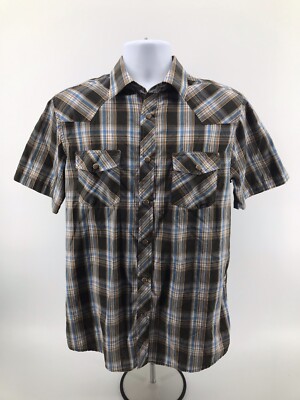 Coastal Pearl Snap Short Sleeve Shirt Mens Sz Medium Brown Blue Plaid Fast Ship