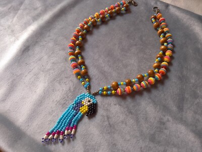 Boho Halskette Anhänger Perlen Handarbeit Papagei Ethno Exotisch Holz Party Geschenk 