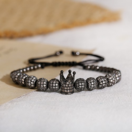 18k Gold Luxury Micro Pave CZ Crown Disco Ball Women Men Braided Beaded Bracelet - Picture 4 of 27