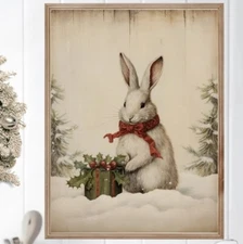 Christmas Wall Art Vintage Rabbit Printable Rustic Xmas Art Vintage Christmas