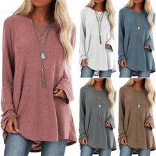 Womens Loose Tunic Long Sleeve T-Shirt Tops Ladies Baggy Pullover Blouse Solid