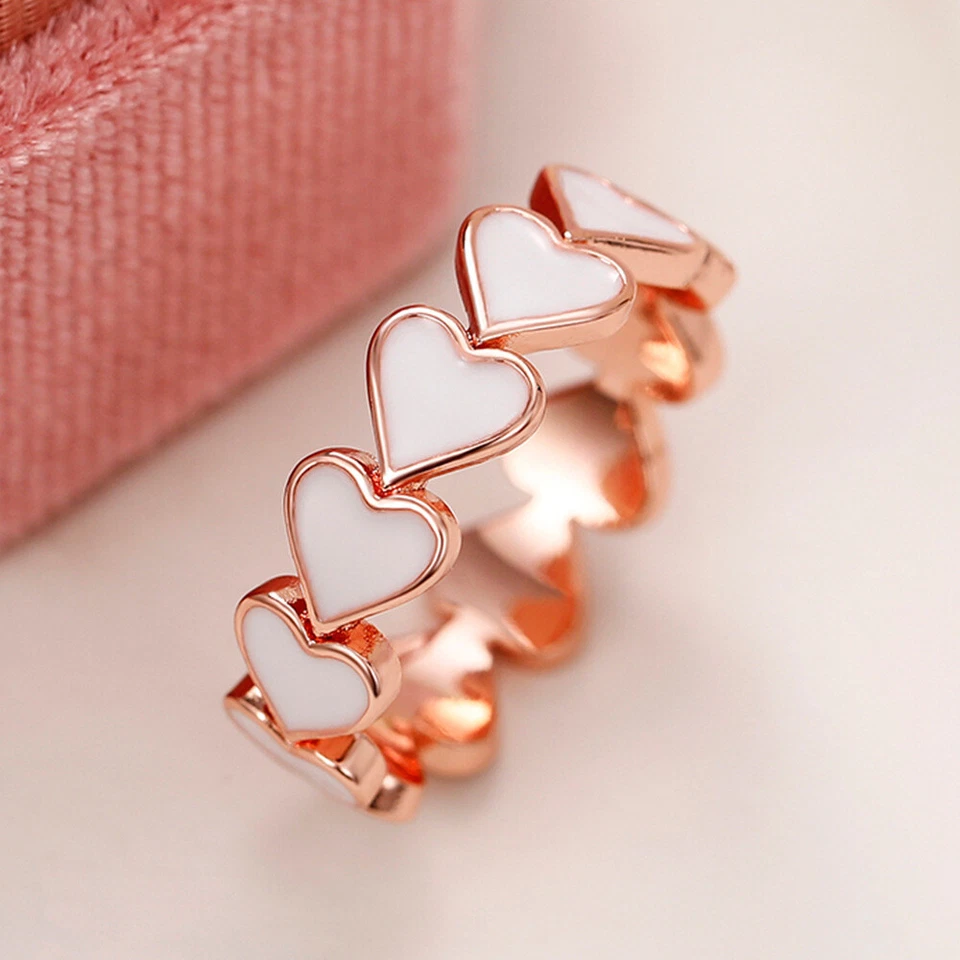 18K Rose Gold Filled Love Heart Band Women 6mm Pink Enamel Copper Ring Size 6-10 - Image 4 of 4