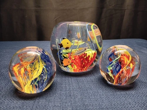 1 Vintage Murano Style candle holder 2 paperweights, glass colorful fish&swirl