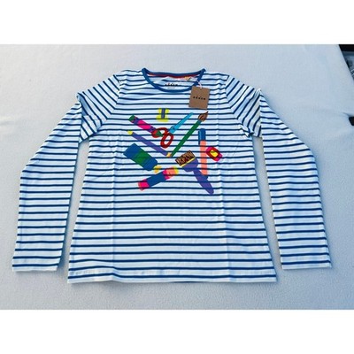 Mini Boden Girls Blue White Striped Art Supplies Graphic Long Sleeve Tee 11-12Y