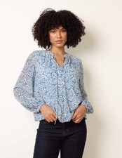 Blue Vanilla Womens  Grandad Tie Neck Puff Hem Watercolour Blouse