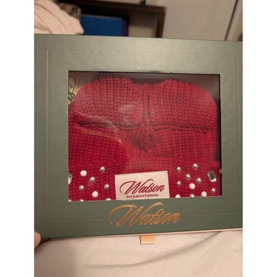 Watson Studios Cat Ears Beanie Hat Red Embellished Pearl Studded Ribbed Knit OS