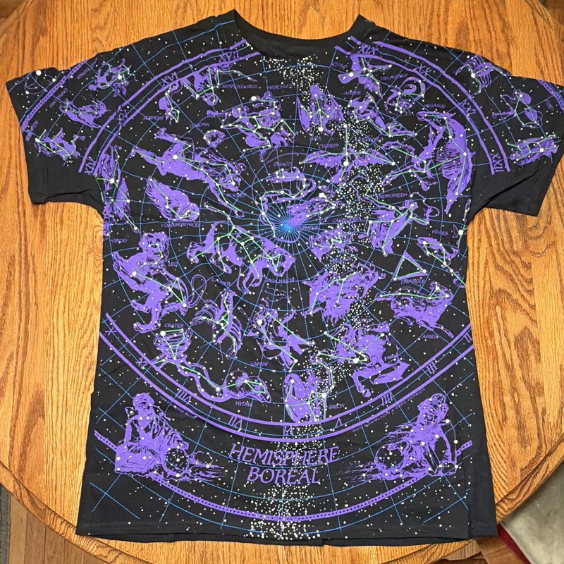 Liquid Blue Zodiac Star Map Graphic T-Shirt Large Black/Purple Double-Sided