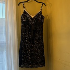 NINE WEST Babydoll Dress Satin Black Lace Nude Lining LN VTG Women’s 6