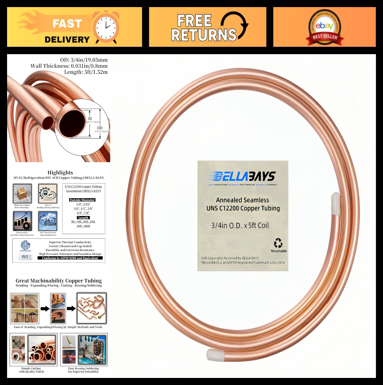 3/4" OD Copper Tubing 5ft Seamless Soft Coil for HVAC, Refrigeration, DIY Projec