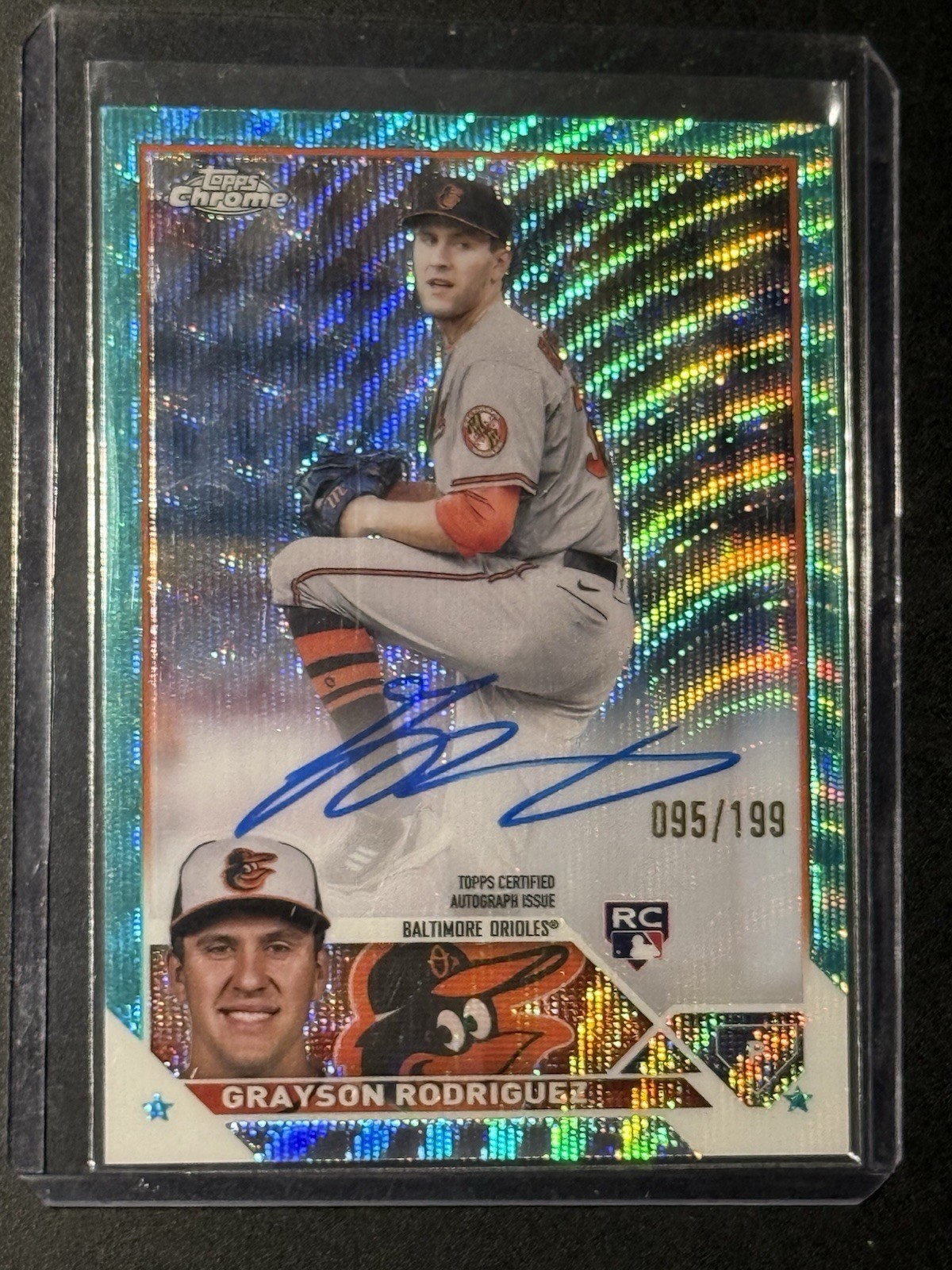 2023 Topps Chrome Rookie Autographs Grayson Rodriguez Aqua Wave Refractor /199