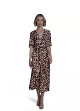 Halston Leopard Print Wrap Midi Dress V-Neck 3/4 Sleeve Tie Belt Size 12