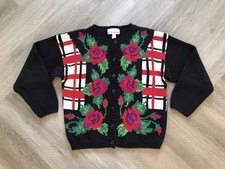 Vintage Sweater Floral Roses Granny Cottage Button Up Cardigan Kentucky Derby