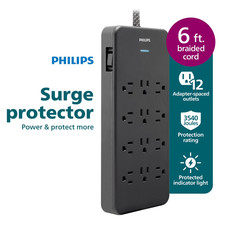 Surge Protector, 12 Outlet, Adapter-Spaced, 3500J, Braided Cord, 6Ft, Black,