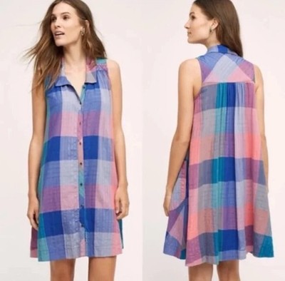 Anthropologie Holding Horses M Ronan Plaid Blue Pink Button Dress w/ Blue Slip