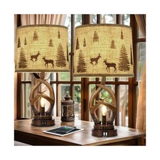 Scenekoy Rustic Farmhouse Antlers Table Lamp Set of 2 with Nightlight Dual US...