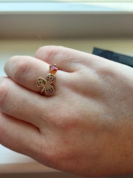 Alternate view of Lucky Mutlicolor Three Leaf Clover Shamrock Ring, Adjustable, Rose Gold Plated