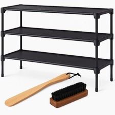 3-Tier Metal Shoe Rack Storage Organizer Set   Includes Wooden Shoe Horn  Brush