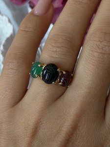 Authentic 925 Sterling Silver Gold Plated Carved Carnelian Onyx Jade Ring Size 7