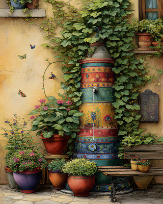 8x10 Cozy Storybook Colorful Fountain Flowers Plants Art Print - 604125798