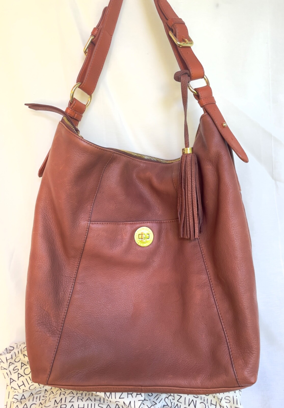 Isaac Mizrahi Sable Brown Pebble Leather Shoulder Hobo Bag Tassel Top