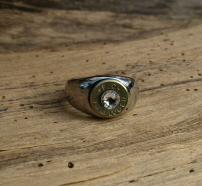 Thin Band Stainless Steel BULLET Ring -BRASS Optional Glass 