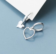 925 Real Sterling Solid Silver Hollow/Polish Heart Sleeper Hoop Earrings Hoops