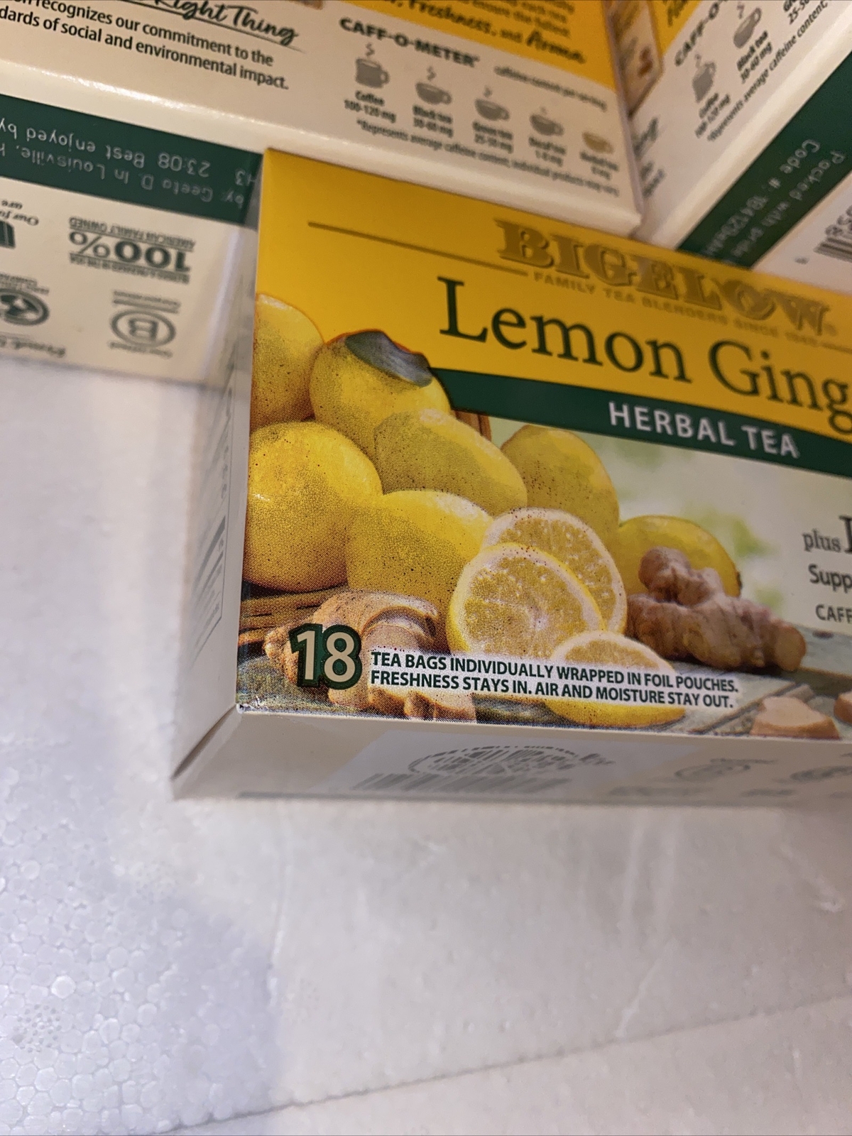 3 Bigelow Tea Lemon Ginger Herbal Tea Plus Probiotics 18 Bag(S) Each Box