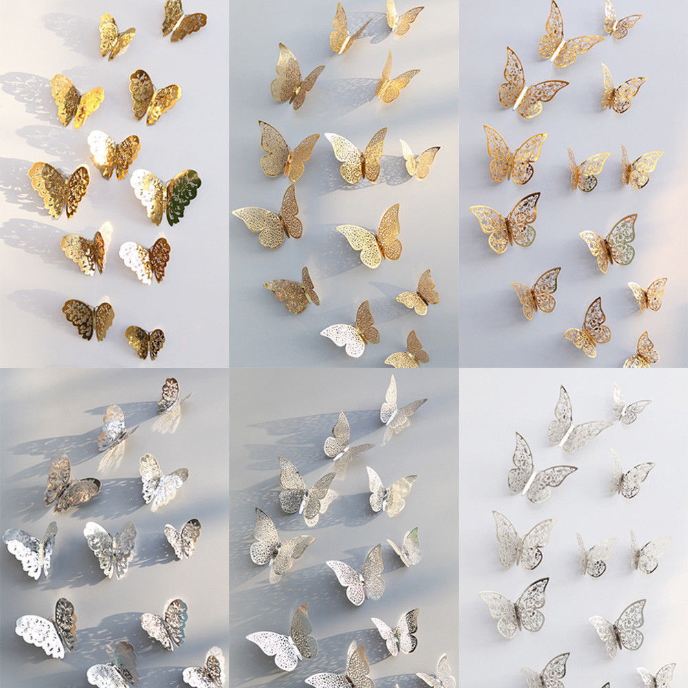 72PCS 3D  Gold  Silver Butterfly Wall Stickers Decals Home  