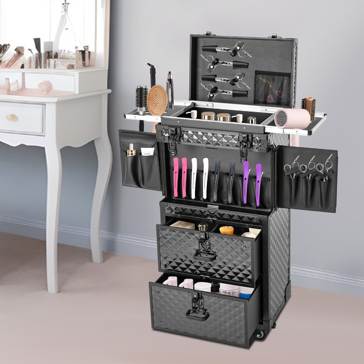 Lockable Rolling Makeup Train Case Hairdressing Cosmetic Travel