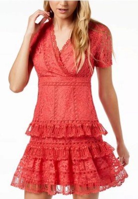 Long Sleeve Pretty Little Thing Red Lace Dress French Connection Arta Tiered Lace Size UK Long Sleeve Pretty Little Thing Red Lace Dress French Connection Arta Tiered Lace Size UK
