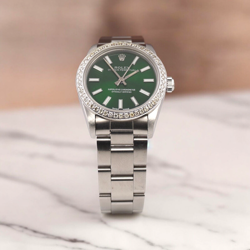 Rolex Oyster Perpetual 31 mm 1,75 ct diamanti quadrante verde acciaio orologio automatico - Foto 10 di 10