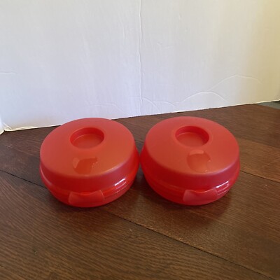 Tupperware 2 Round Bagel Sandwich Salad Keepers Hinge  Red 4440
