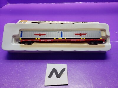 ASSORTED CON-COR N SCALE 90' PIGGYBACK FLAT CAR & CONTAINERS GREAT CONDITION 