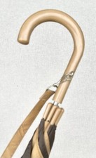 Vintage Large Plastic Crook Handle Fancy Beige Nylon Tent Umbrella Parasol