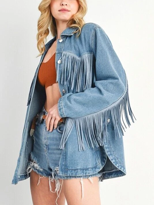 Oversized Fringe Style Blue Denim Jacket for Women
Opens in a new window or tab