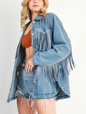 Oversized Fringe Style Blue Denim Jacket for Women