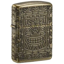 Zippo Windproof Pocket Lighter Tiki Design Antique Brass Multicut Metal 46314