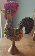 Amazing Primitive Folk Art Hand Made Beaded Rooster Fabric Sculpture 