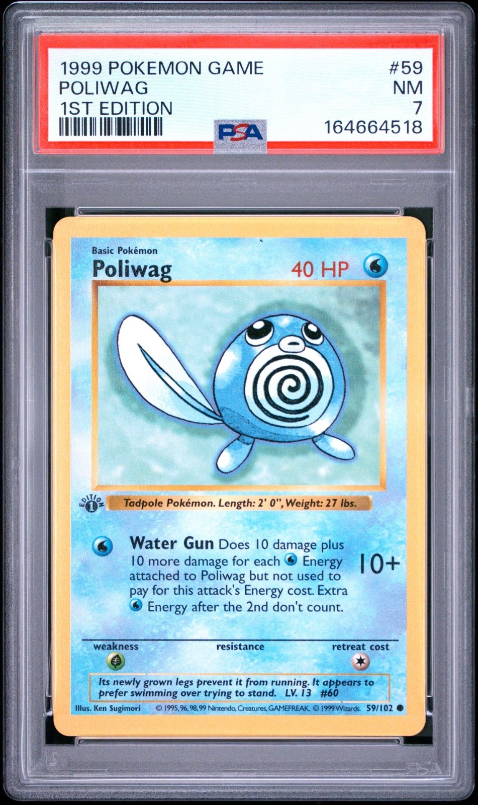 1999 1st Edition Poliwag 059/102 Base Set (Shadowless) Regular PSA 7