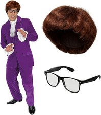 Men s 60s Austin Powers Costume  Wig Glasses Adult Purple Gigolo Suit M - XL