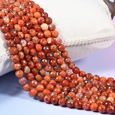 Fire Agate Faceted Round Beads 6mm 8mm 10mm 12mm 14mm, Coral Rust, 15in Strand